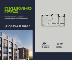 Планировка трехкомнатной(квартира) площадью 69 квадратных метров в “ЖК Пушкино Град”
