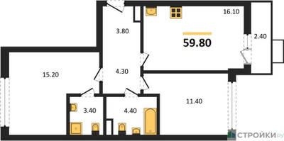 Планировка двухкомнатной(квартира) площадью 59.8 квадратных метров в ЖК “ЖК Прокшино”