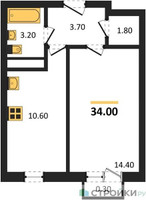 Планировка однокомнатной(квартира) площадью 34 квадратных метров в “ЖК Южная Долина”