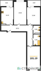 Планировка трехкомнатной(квартира) площадью 101.19 квадратных метров в ЖК “ЖК Riga Hills (Рига Хиллс)”