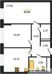 Планировка двухкомнатной(квартира) площадью 51.91 квадратных метров в ЖК “ЖК Егорово Парк”