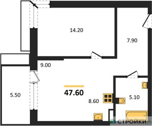 Планировка однокомнатной(квартира) площадью 47.6 квадратных метров в ЖК “ЖК Дзен-кварталы”