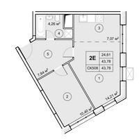 Планировка двухкомнатной(квартира) площадью 43.78 квадратных метров в “ЖК Экоград Новый Катуар”