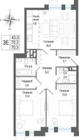 Планировка трехкомнатной(квартира) площадью 70.3 квадратных метров в “ЖК КИНОКВАРТАЛ”