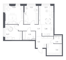 Планировка трехкомнатной(квартира) площадью 84.52 квадратных метров в ЖК “ЖК Пригород Лесное”