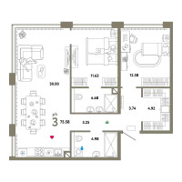 Планировка трехкомнатной(квартира) площадью 75.6 квадратных метров в “ЖК WOW (Вау)”
