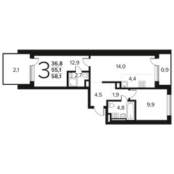 Планировка трехкомнатной(квартира) площадью 58.1 квадратных метров в ЖК “Новые Ватутинки. Заречный”