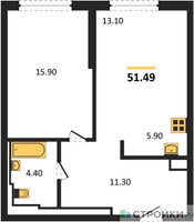 Планировка однокомнатной(квартира) площадью 51.49 квадратных метров в “ЖК Sky Sputnik (Скай Спутник)”