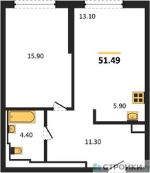 Планировка однокомнатной(квартира) площадью 51.49 квадратных метров в ЖК “ЖК Sky Sputnik (Скай Спутник)”