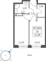Планировка однокомнатной(апартаменты) площадью 31.88 квадратных метров в “ЖК Волковская 67”