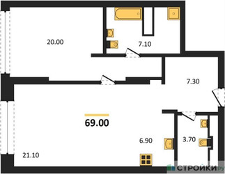 Планировка однокомнатной(квартира) площадью 69 квадратных метров в ЖК “ЖК Ренессанс”