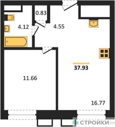 Планировка однокомнатной(квартира) площадью 37.93 квадратных метров в ЖК “ЖК Квартал Румянцево (МелиСад)”