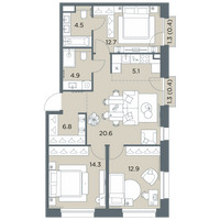 Планировка 4+ комнатной(квартира) площадью 82.6 квадратных метров в “ЖК Станиславский”
