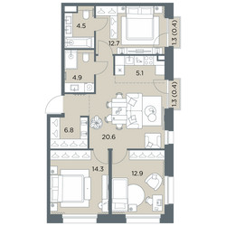 Планировка 4+ комнатной(квартира) площадью 82.6 квадратных метров в ЖК “ЖК Станиславский”