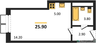 Планировка студии(квартира) площадью 25.9 квадратных метров в “ЖК Пироговская Ривьера”