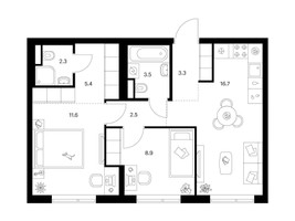 Планировка двухкомнатной(квартира) площадью 54.2 квадратных метров в “Бунинская набережная”
