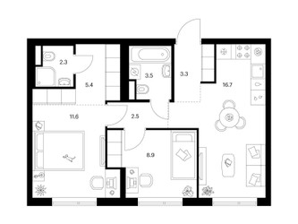 Планировка двухкомнатной(квартира) площадью 54.2 квадратных метров в ЖК “Бунинская набережная”