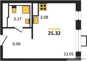 Планировка студии(квартира) площадью 25.32 квадратных метров в “ЖК Прибрежный Парк”