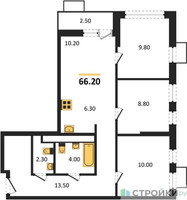 Планировка трехкомнатной(квартира) площадью 66.2 квадратных метров в “ЖК Скандинавия”