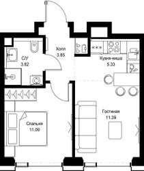 Планировка однокомнатной(квартира) площадью 35.48 квадратных метров в ЖК “ЖК СЕТ”
