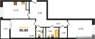 Планировка двухкомнатной(квартира) площадью 60.8 квадратных метров в “ЖК Дюна”