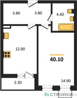 Планировка однокомнатной(квартира) площадью 40.1 квадратных метров в “ЖК Прокшино”