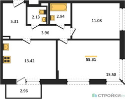 Планировка двухкомнатной(квартира) площадью 55.31 квадратных метров в “ЖК Квартал Западный”