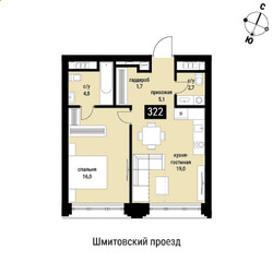 Планировка однокомнатной(квартира) площадью 49.3 квадратных метров в ЖК “ЖК Шелепиха (Cosmopolit)”