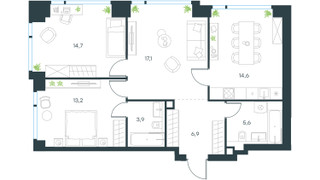 Планировка трехкомнатной(квартира) площадью 76 квадратных метров в “ЖК Level Мичуринский”