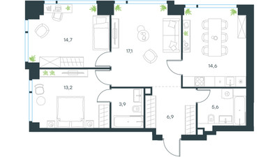 Планировка трехкомнатной(квартира) площадью 76 квадратных метров в ЖК “ЖК Level Мичуринский”