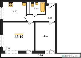 Планировка двухкомнатной(квартира) площадью 48.1 квадратных метров в “ЖК Южная Долина”