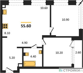 Планировка двухкомнатной(квартира) площадью 55.6 квадратных метров в “Жилой район Alia (Алиа)”