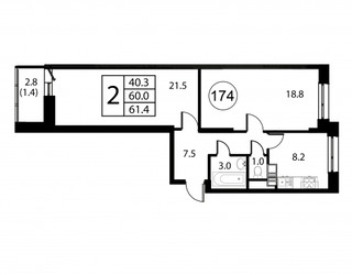 Планировка двухкомнатной(квартира) площадью 61.4 квадратных метров в ЖК “ЖК Космос”