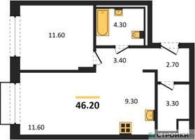 Планировка однокомнатной(квартира) площадью 46.2 квадратных метров в “ЖК Равновесие”