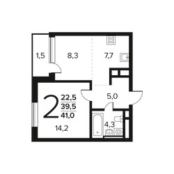 Планировка двухкомнатной(квартира) площадью 41 квадратных метров в ЖК “Новые Ватутинки. Заречный”