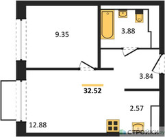 Планировка однокомнатной(квартира) площадью 32.52 квадратных метров в “ЖК Томилино Парк”