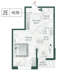 Планировка однокомнатной(квартира) площадью 47.09 квадратных метров в ЖК “ЖК Рига Хиллс”