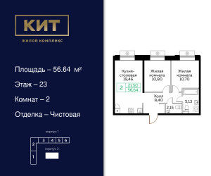 Планировка двухкомнатной(квартира) площадью 56.6 квадратных метров в ЖК “ЖК Кит”