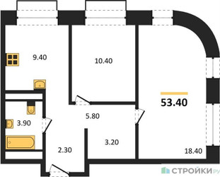 Планировка двухкомнатной(квартира) площадью 53.4 квадратных метров в ЖК “ЖК Шагал”