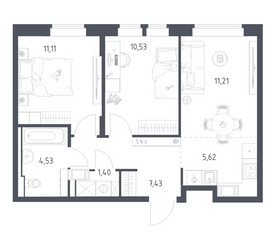Планировка двухкомнатной(квартира) площадью 51.83 квадратных метров в ЖК “ЖК Большое Путилково”