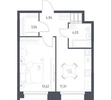 Планировка однокомнатной(апартаменты) площадью 36.86 квадратных метров в “ЖК Апарт-отель Тропарево парк”