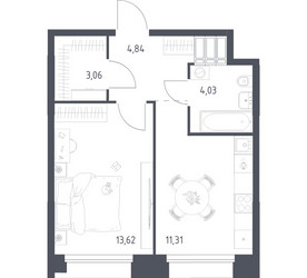 Планировка однокомнатной(апартаменты) площадью 36.86 квадратных метров в ЖК “ЖК Апарт-отель Тропарево парк”