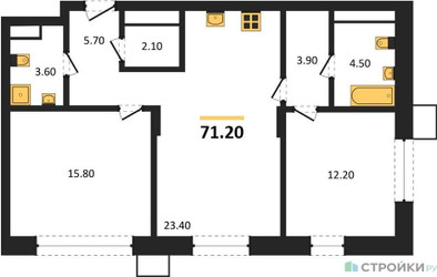 Планировка двухкомнатной(квартира) площадью 71.2 квадратных метров в ЖК “ЖК Резиденции Сколково”