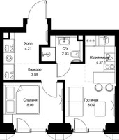 Планировка однокомнатной(квартира) площадью 30.77 квадратных метров в “ЖК СЕТ”