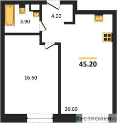 Планировка однокомнатной(квартира) площадью 45.2 квадратных метров в ЖК “ЖК STONE Rise (Райз)”