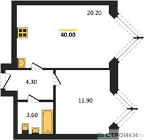Планировка однокомнатной(квартира) площадью 40 квадратных метров в “ЖК Wave (Вейв)”
