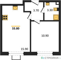 Планировка однокомнатной(квартира) площадью 33.8 квадратных метров в “ЖК Лучи-2”