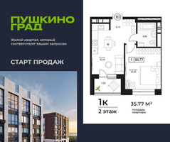 Планировка однокомнатной(квартира) площадью 35.77 квадратных метров в “ЖК Пушкино Град”