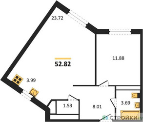 Планировка однокомнатной(квартира) площадью 52.82 квадратных метров в ЖК “ЖК Квартал Румянцево (МелиСад)”