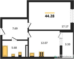 Планировка однокомнатной(квартира) площадью 44.28 квадратных метров в “ЖК Riga Hills (Рига Хиллс)”